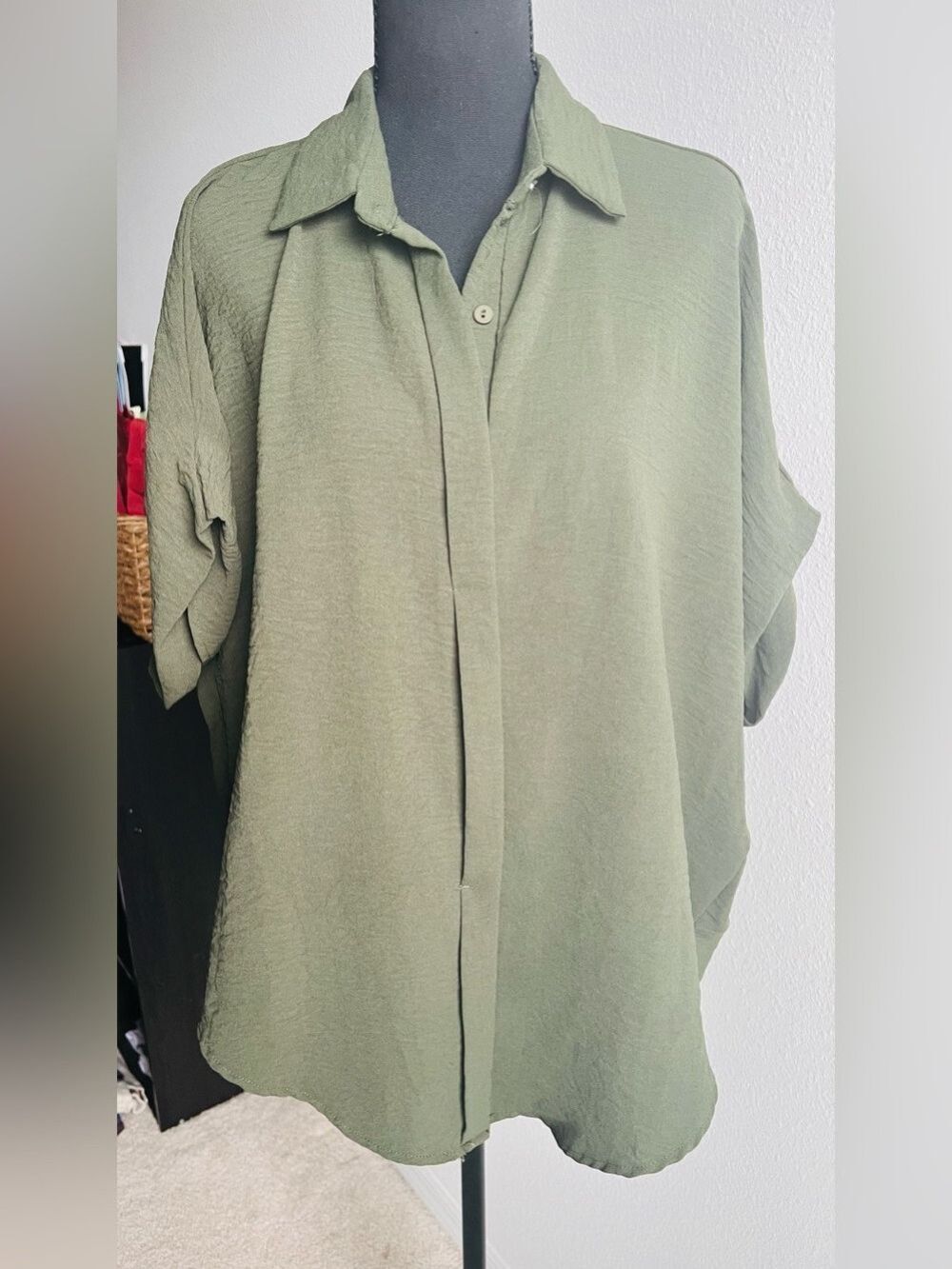Umgee Olive Green Button-Front Blouse Oversized 3/4 Sleeves